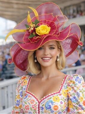 Kentucky Derby Hat Ky Oaks Organza Feather Pink Polka Dot and Yellow Floral Hat